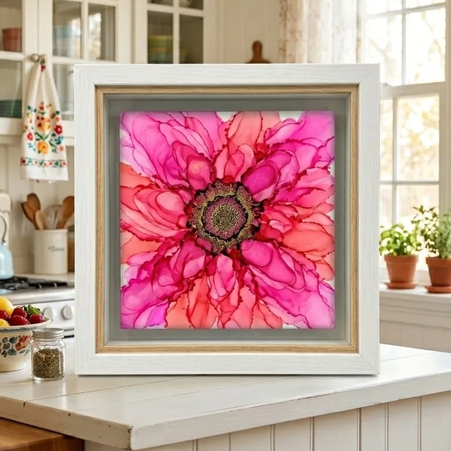 A finished framed flower painting created with alcohol ink